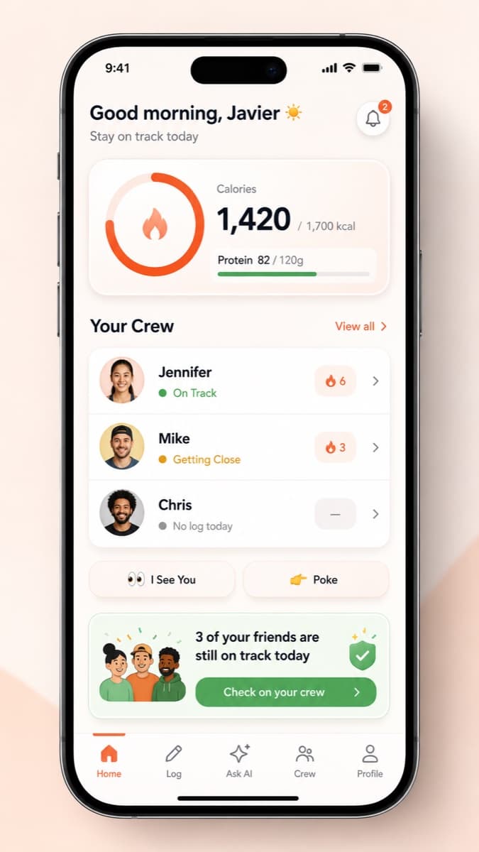 FoodCoach Your Crew screen showing friends' progress and encouraging reactions